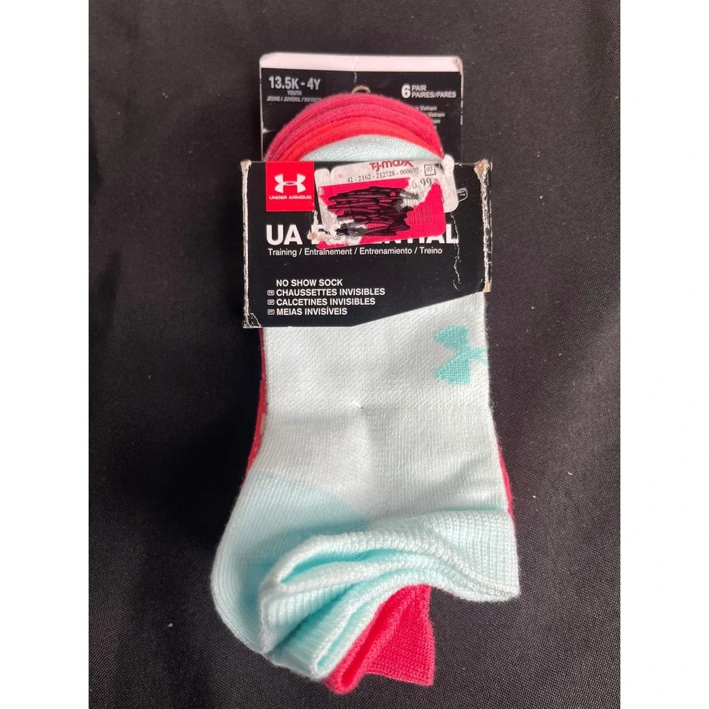 Under Armour Youth No Show Socks 6 Pair UA Neo Turquoise Pink MD 13.5K-4Y